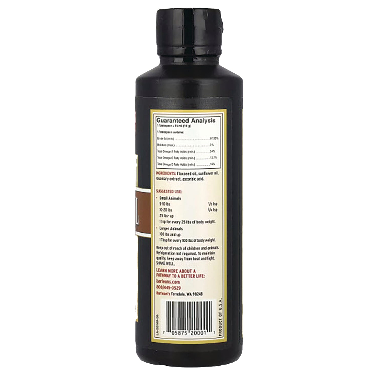 BAR019 | Back label of black bottle showing Guaranteed Analysis, ingredients, suggested use and barcode