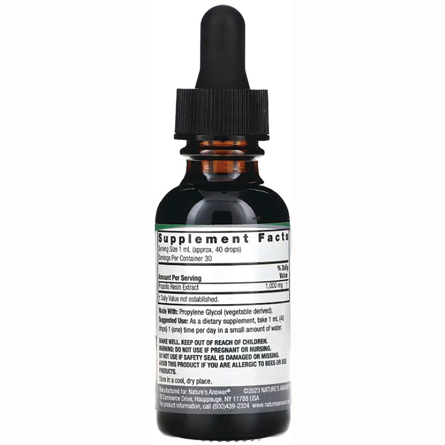 NAT081 | back of amber dropper bottle showing supplement facts label and usage instructions