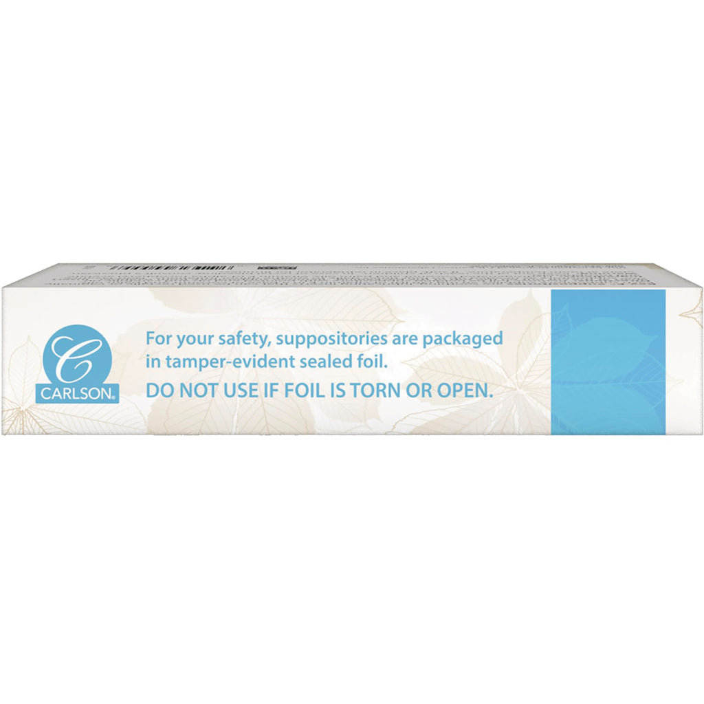 CSN223 | Back panel of Carlson suppositories box with tamper-evident foil warning DO NOT USE IF FOIL IS TORN OR OPEN and Carlson logo - Thumbnail