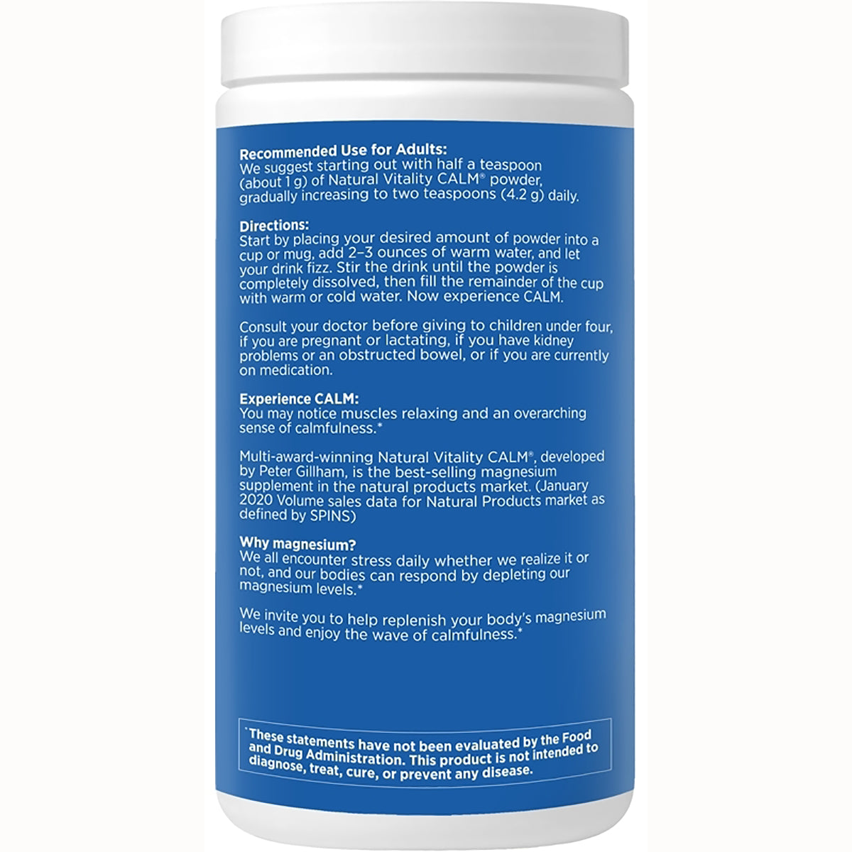 NVT040 | Back label with directions, warnings, and usage information for Natural Vitality CALM powder