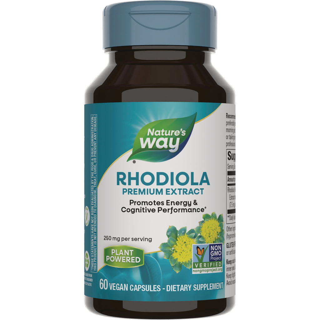 NW787 | Nature's Way Rhodiola premium extract bottle, 60 vegan capsules, label shows Plant Powered and Non-GMO Verified - Thumbnail