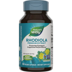 NW787 | Nature's Way Rhodiola premium extract bottle, 60 vegan capsules, label shows Plant Powered and Non-GMO Verified