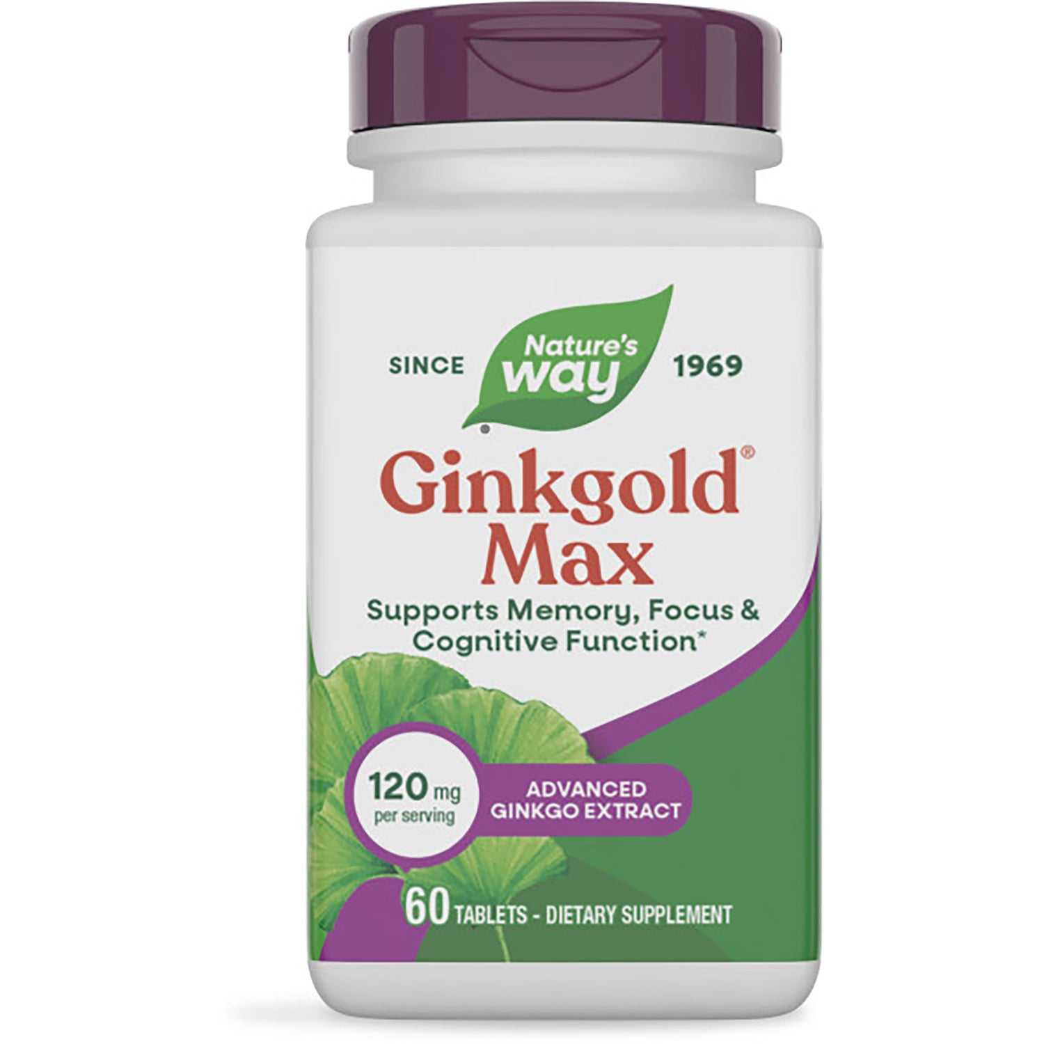 NW733 | Nature's Way Ginkgold Max bottle front, 60 tablets, 120 mg per serving, supports memory focus & cognitive function