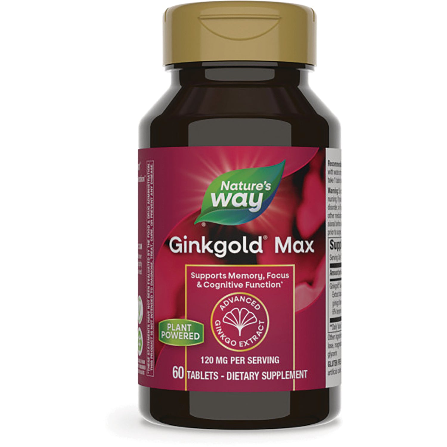 NW733 | Nature's Way Ginkgold Max bottle front, 60 tablets, 120 mg per serving, supports memory focus & cognitive function