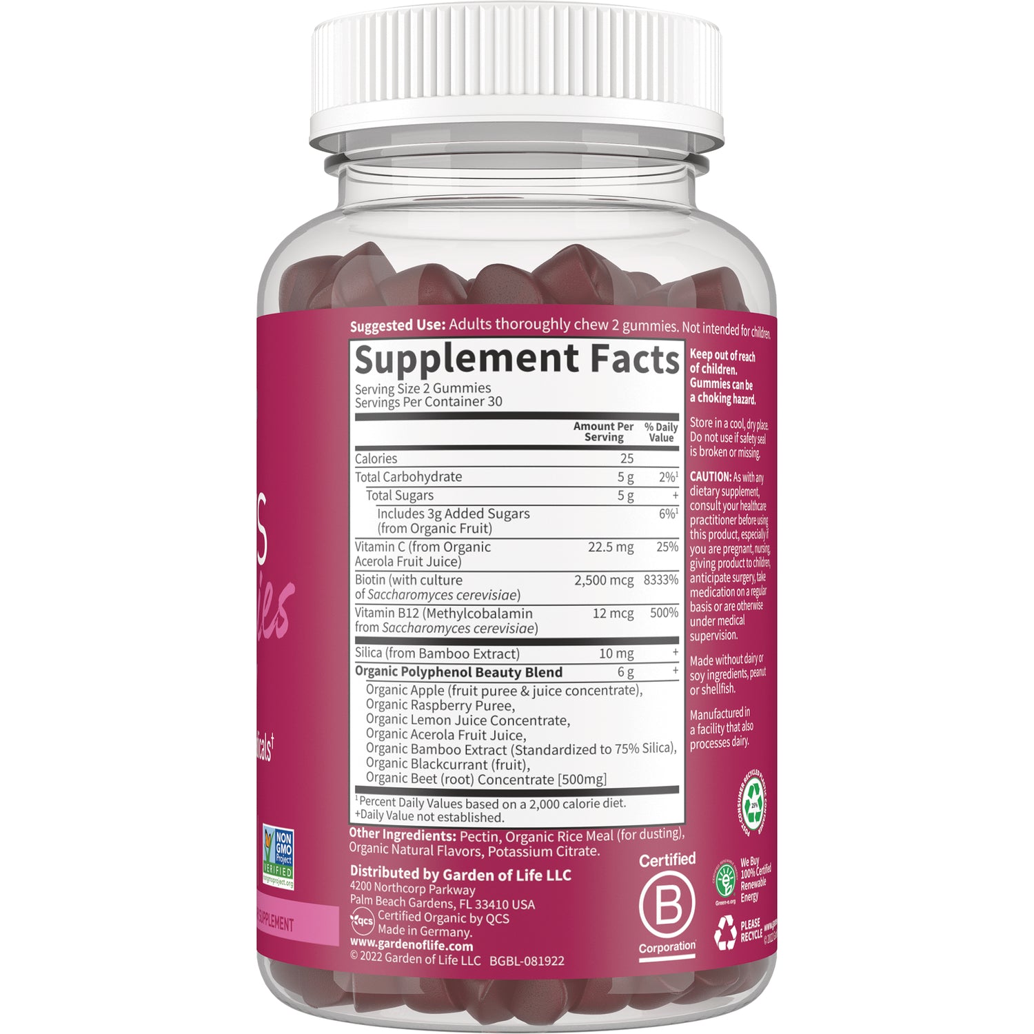 GLF348 | Back of pink supplement bottle showing Supplement Facts panel, serving size 2 gummies, and visible red gummies