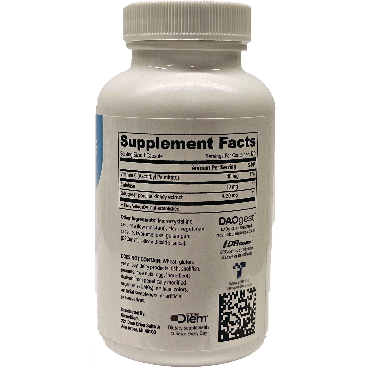 DIM010 | back of white supplement bottle showing Supplement Facts label, ingredient list, and QR code