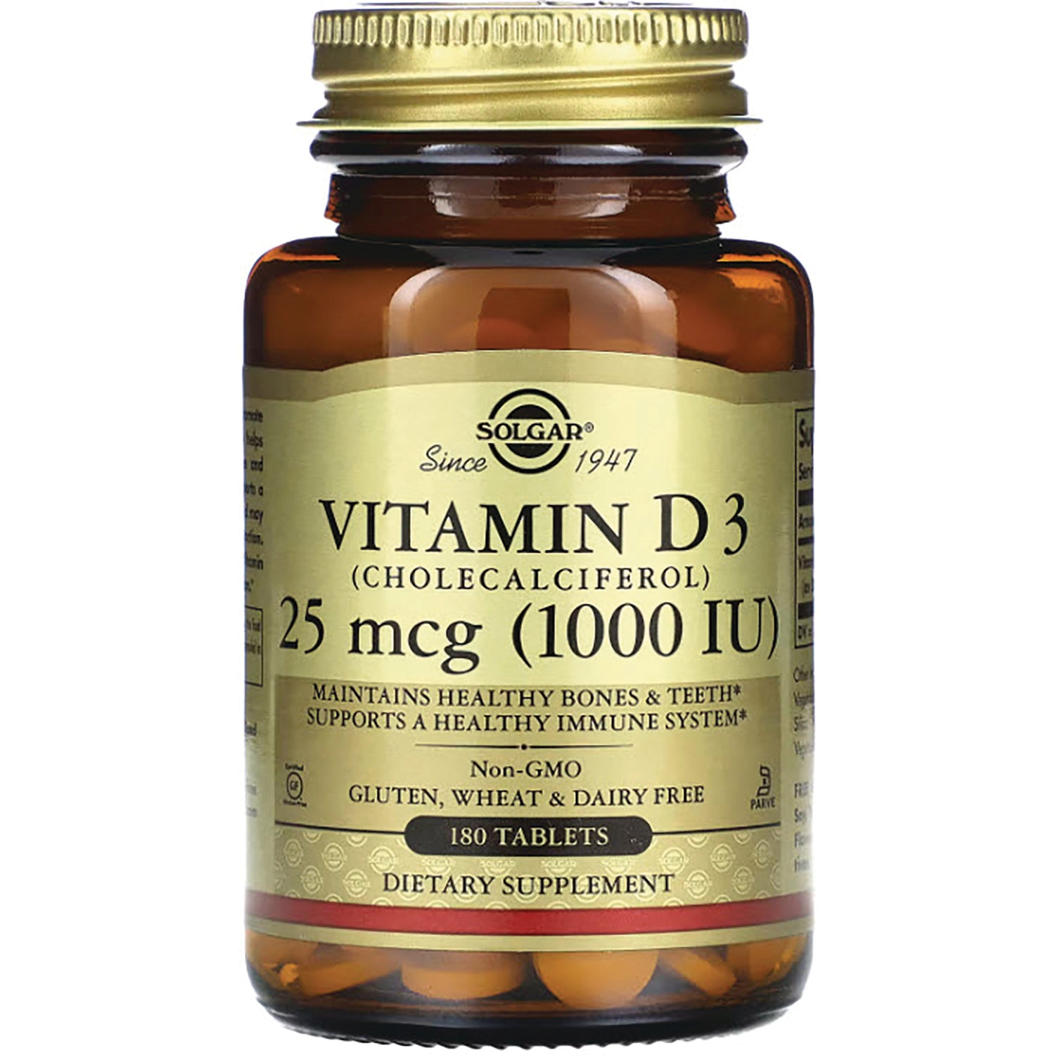 SLG245 | Solgar Vitamin D3 25 mcg (1000 IU) amber bottle with gold lid, 180 tablets dietary supplement