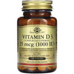 SLG245 | Solgar Vitamin D3 25 mcg (1000 IU) amber bottle with gold lid, 180 tablets dietary supplement