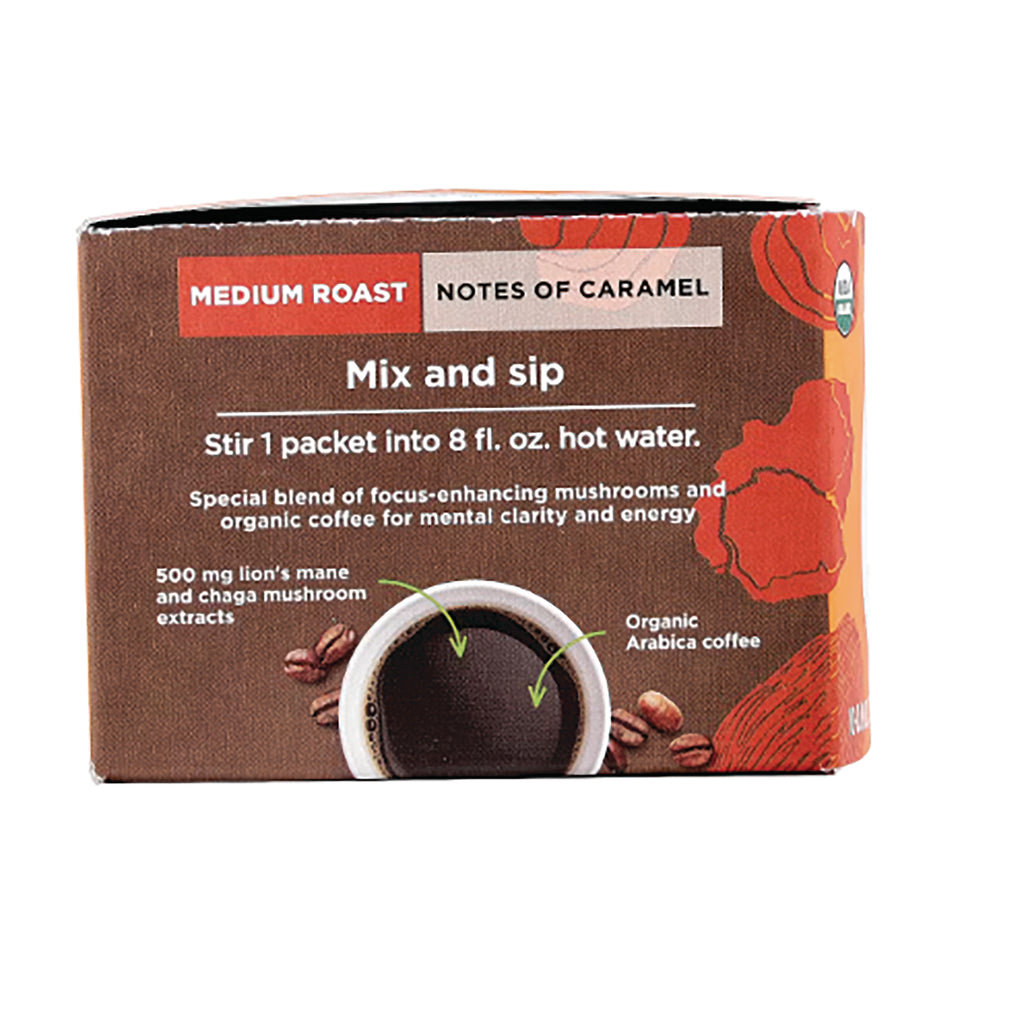 FSF008 | Product infographic panel showing Mix and sip instructions, medium roast notes of caramel, lion's mane and chaga extracts and a cup of coffee - Thumbnail