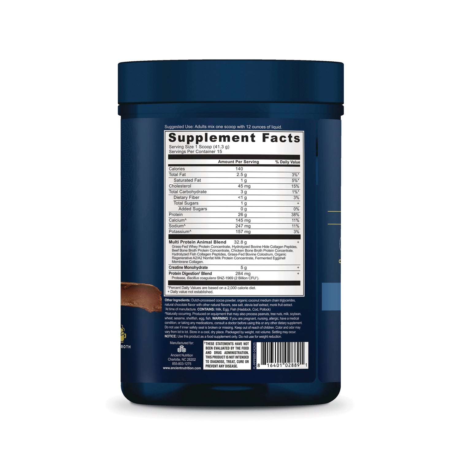 ATN152 | Back of blue supplement tub showing Supplement Facts and ingredients label