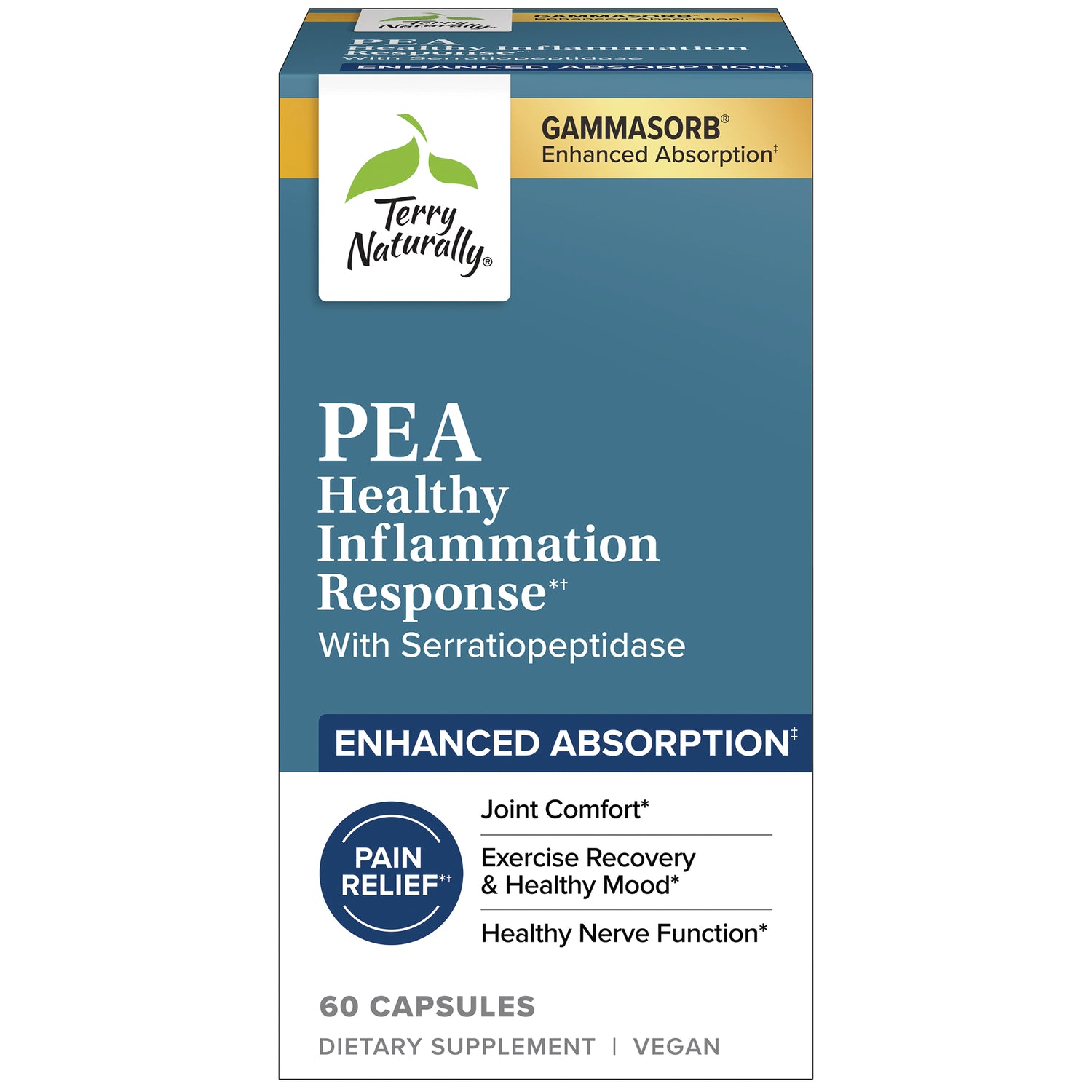 EUR075 | Terry Naturally PEA dietary supplement box with enhanced absorption and pain relief claims