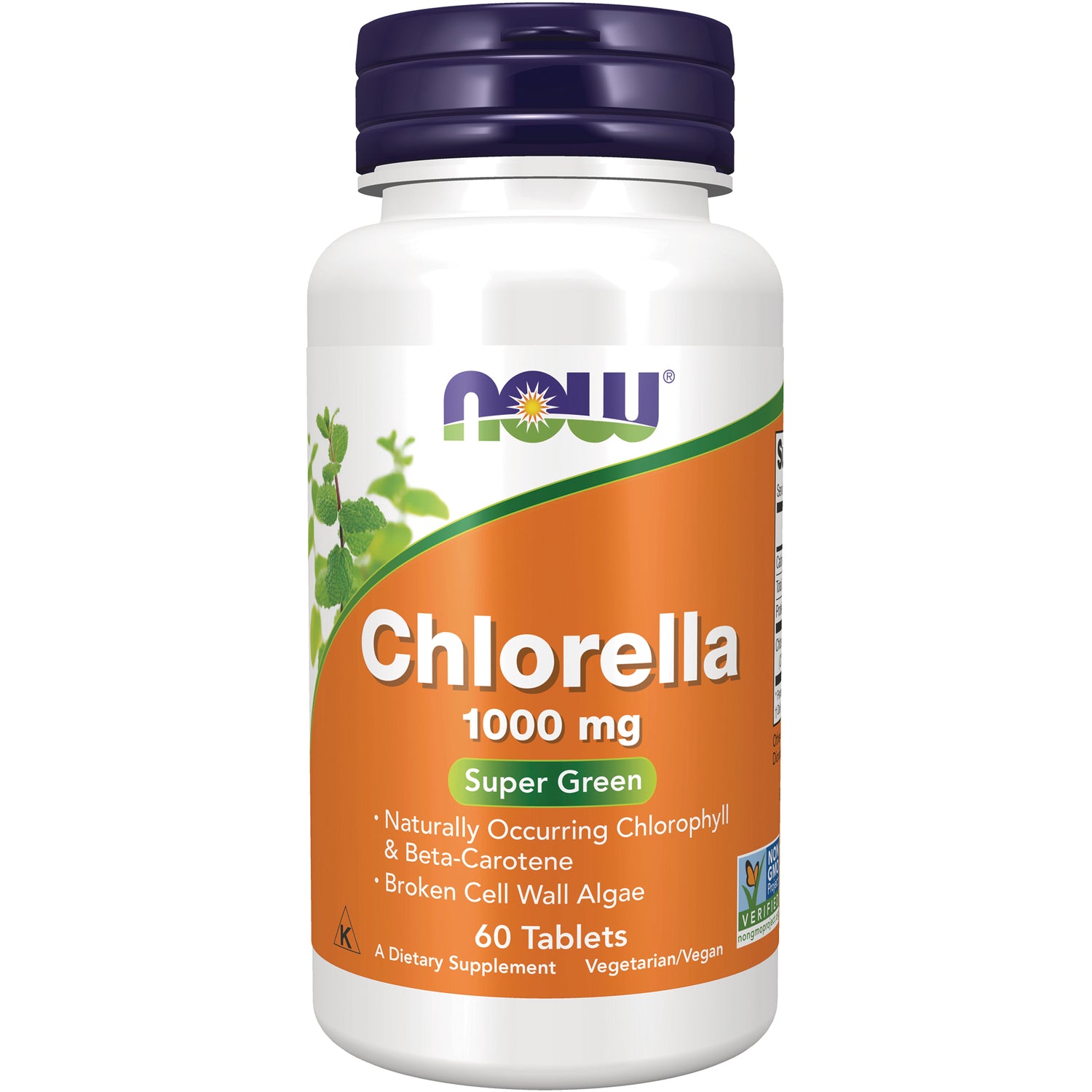 NWF805 | NOW Chlorella 1000 mg Super Green bottle, 60 tablets, orange front label