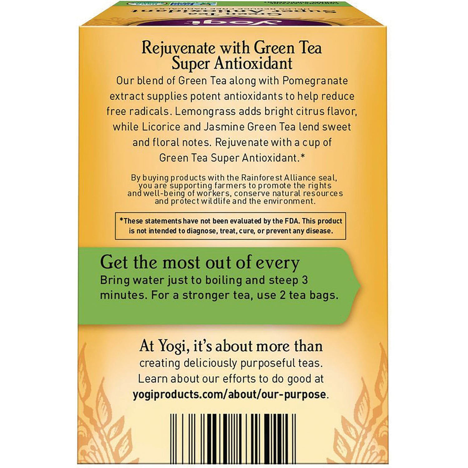 AHW006 | Back panel of Yogi tea box reading 'Rejuvenate with Green Tea Super Antioxidant', brewing instructions and barcode