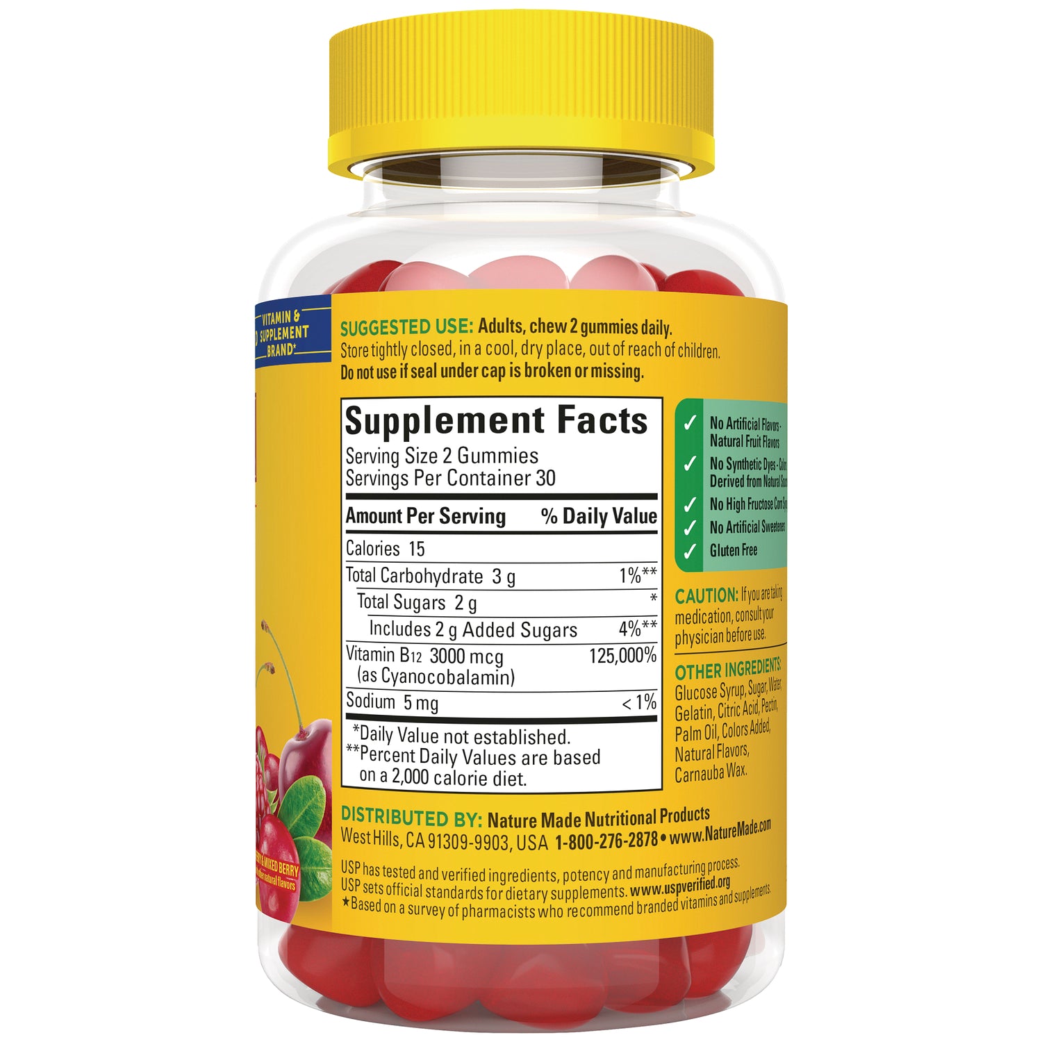 NTM138 | back of clear bottle showing Supplement Facts label and red gummy vitamins inside