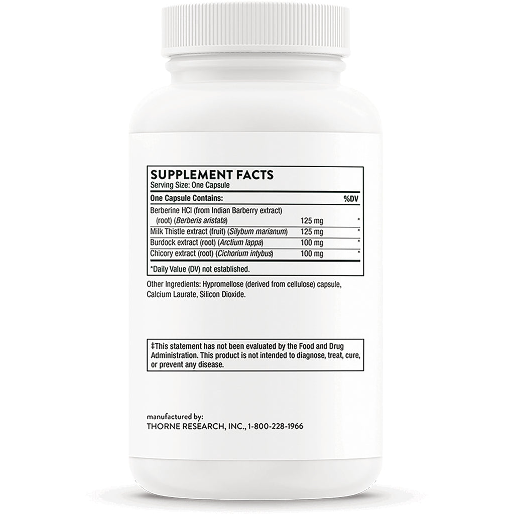 TRN029 | Back label with Supplement Facts: berberine HCl 125 mg, milk thistle 125 mg, burdock 100 mg, chicory 100 mg - Thumbnail