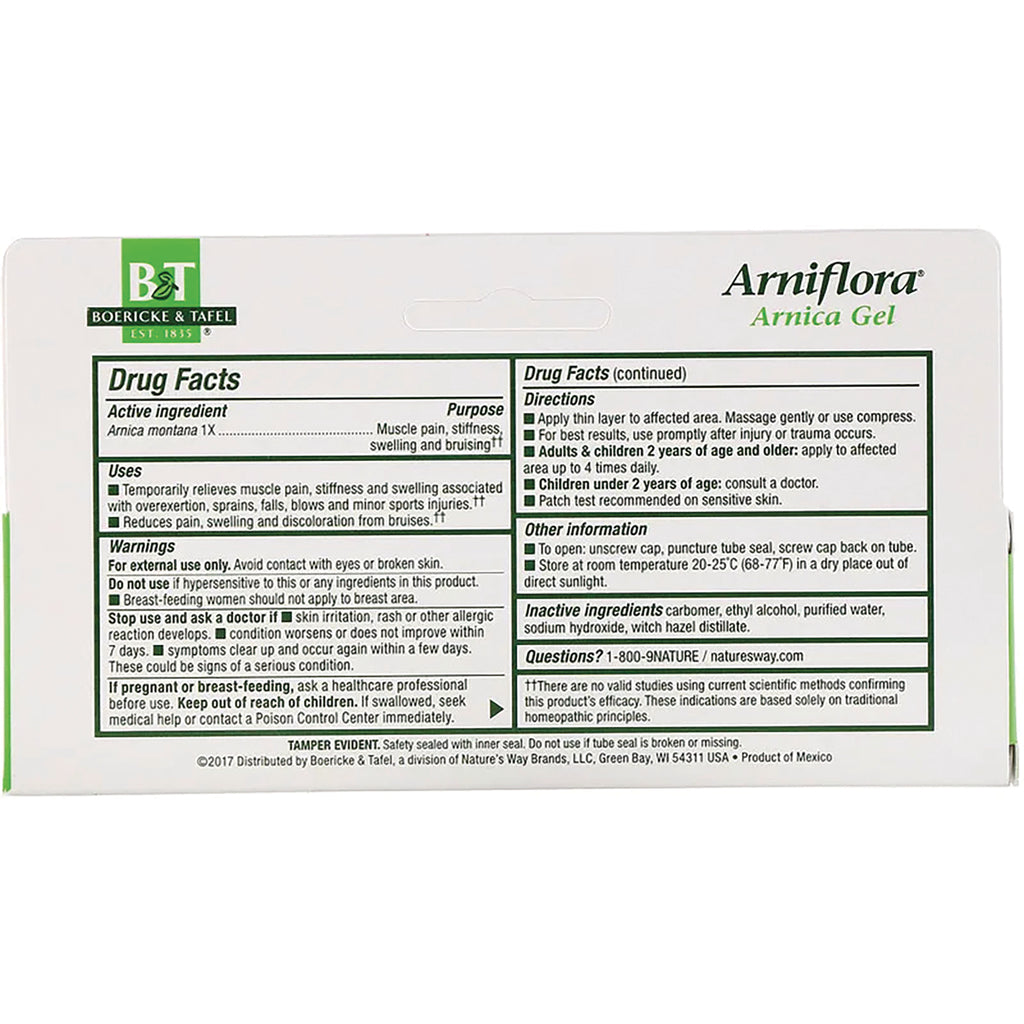 BRK002 | back panel showing Drug Facts, directions and inactive ingredients for Arniflora Arnica Gel - Thumbnail