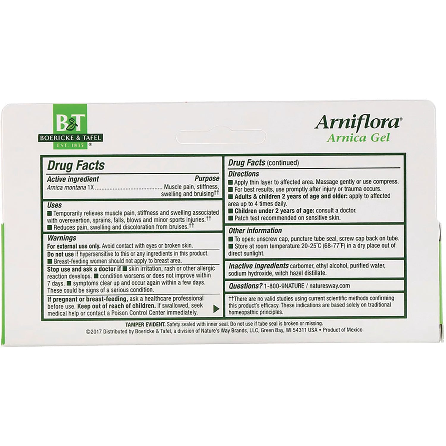 BRK002 | back panel showing Drug Facts, directions and inactive ingredients for Arniflora Arnica Gel