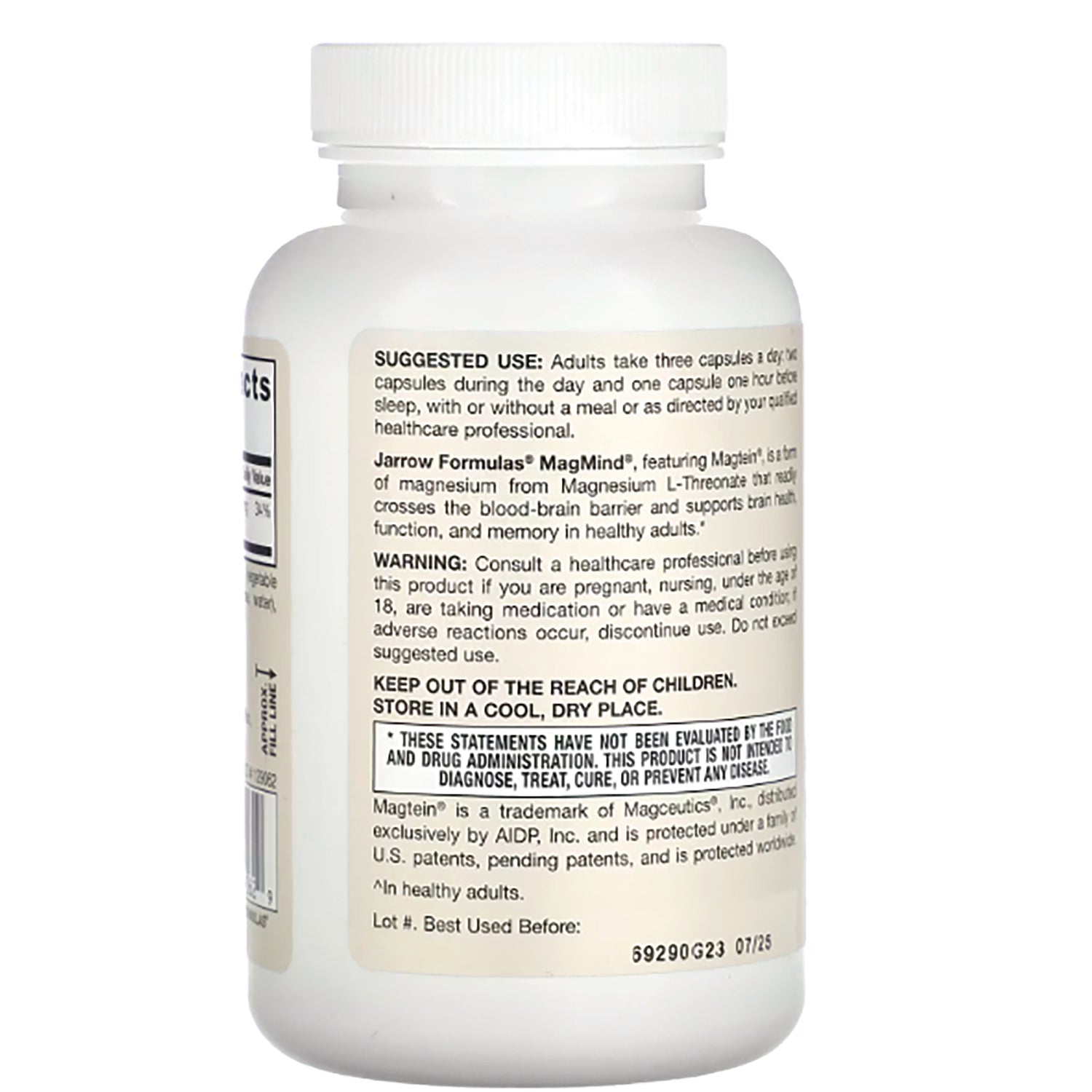 JR238 | back label of white supplement bottle showing suggested use, warning, and lot code