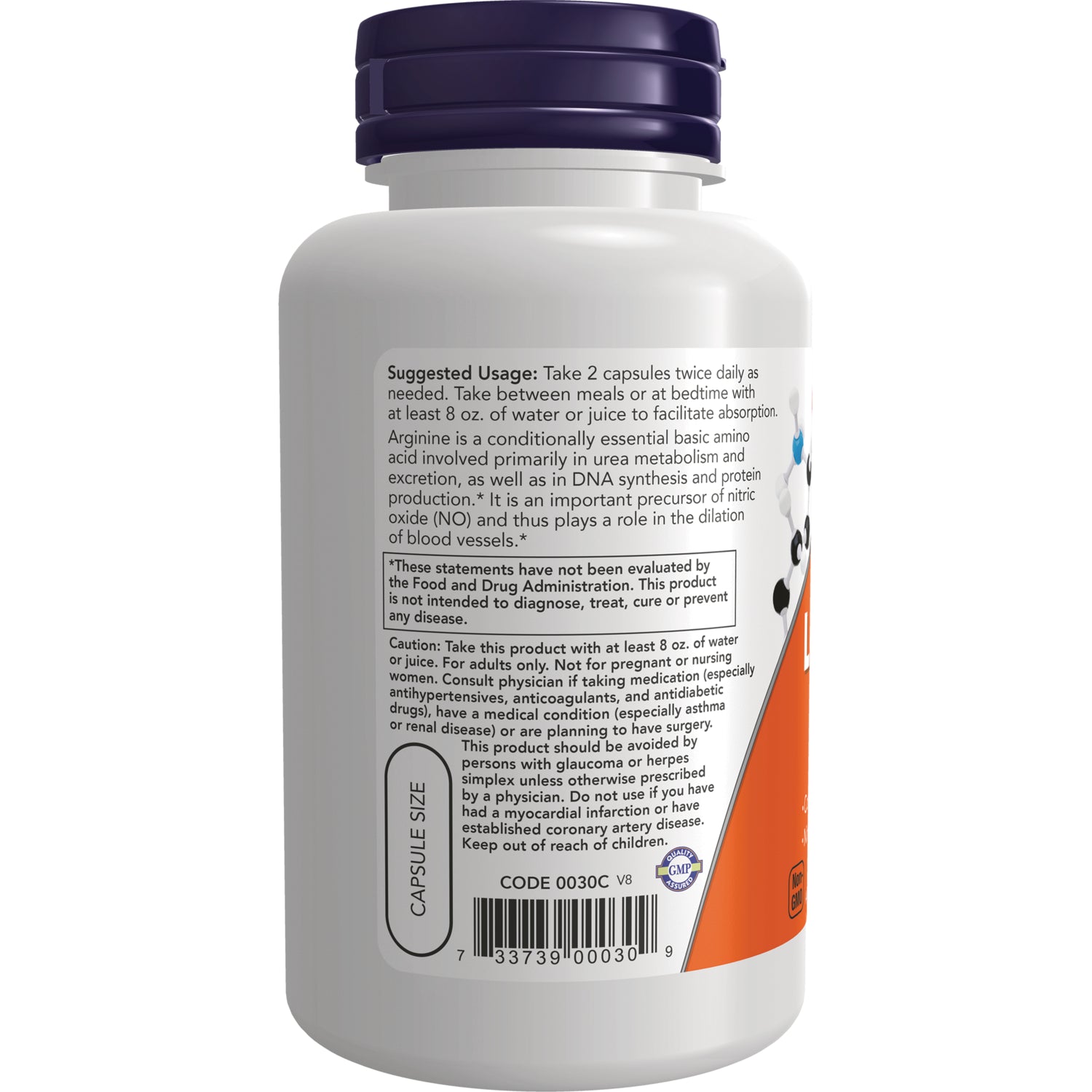 NWF021 | Back label of white supplement bottle showing suggested usage, caution text, barcode and capsule size