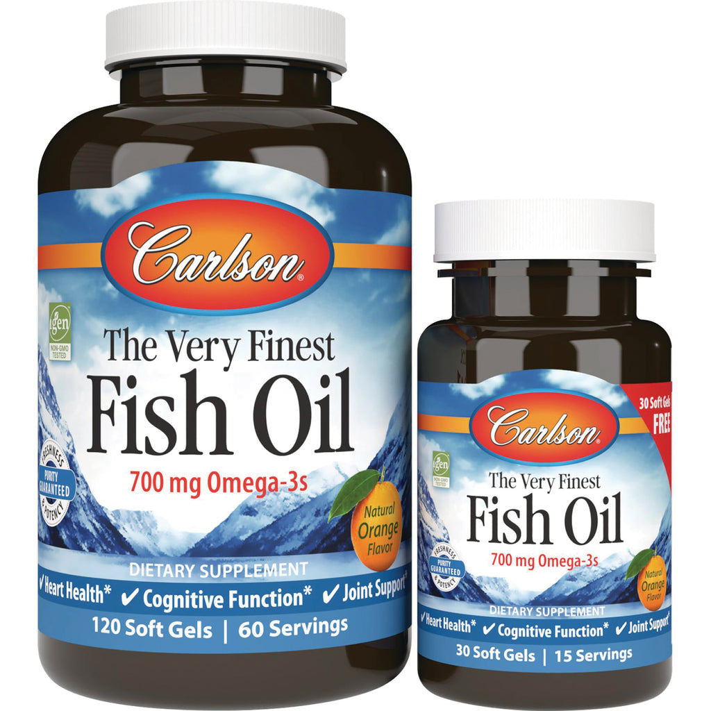 CSN015 | Two Carlson fish oil bottles, front labels read The Very Finest Fish Oil 700 mg Omega-3s, Natural Orange Flavor, 120 and 30 soft gels - Thumbnail