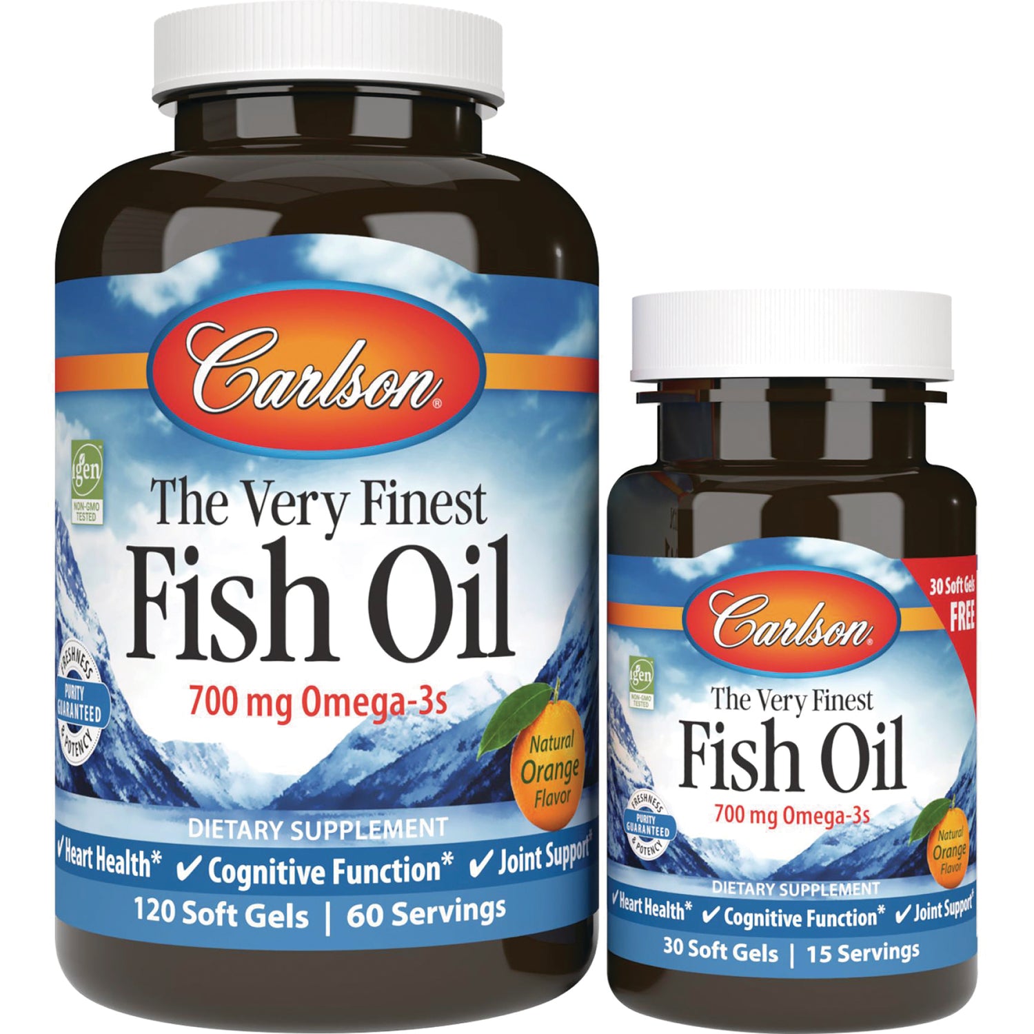 CSN015 | Two Carlson fish oil bottles, front labels read The Very Finest Fish Oil 700 mg Omega-3s, Natural Orange Flavor, 120 and 30 soft gels