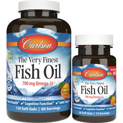 CSN015 | Two Carlson fish oil bottles, front labels read The Very Finest Fish Oil 700 mg Omega-3s, Natural Orange Flavor, 120 and 30 soft gels