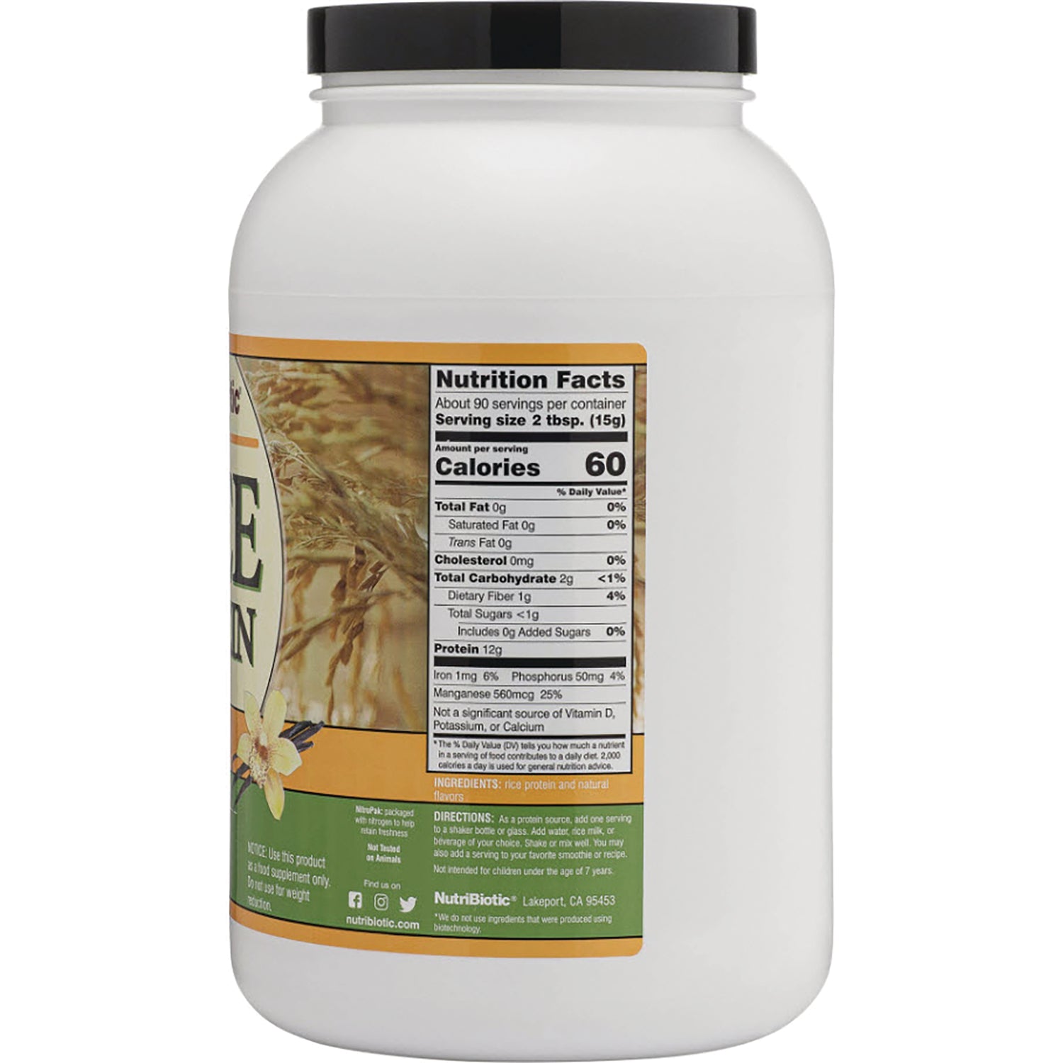 NUB006 | Back of white protein powder tub showing Nutrition Facts label and directions