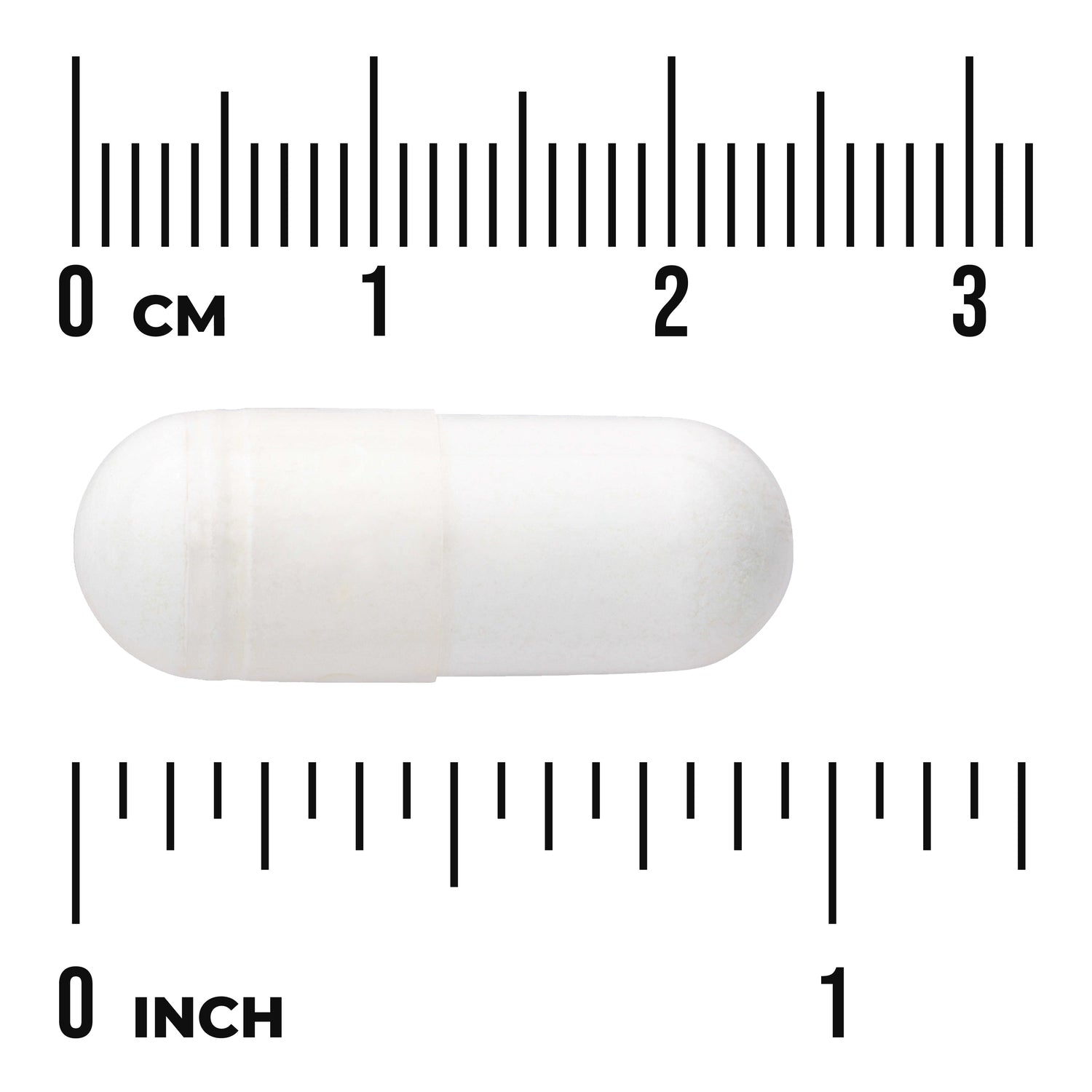 SWU341 | White capsule shown with centimeter and inch rulers