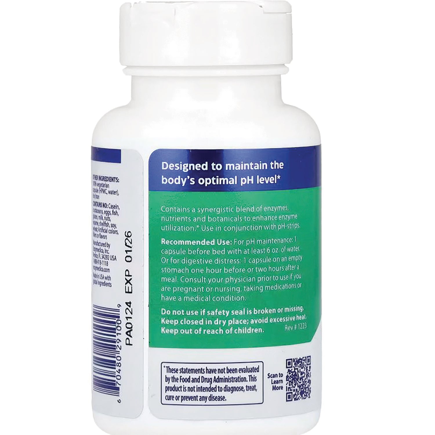 EMD034 | back label of white supplement bottle showing usage instructions, barcode and QR code, text Designed to maintain the body's optimal pH level