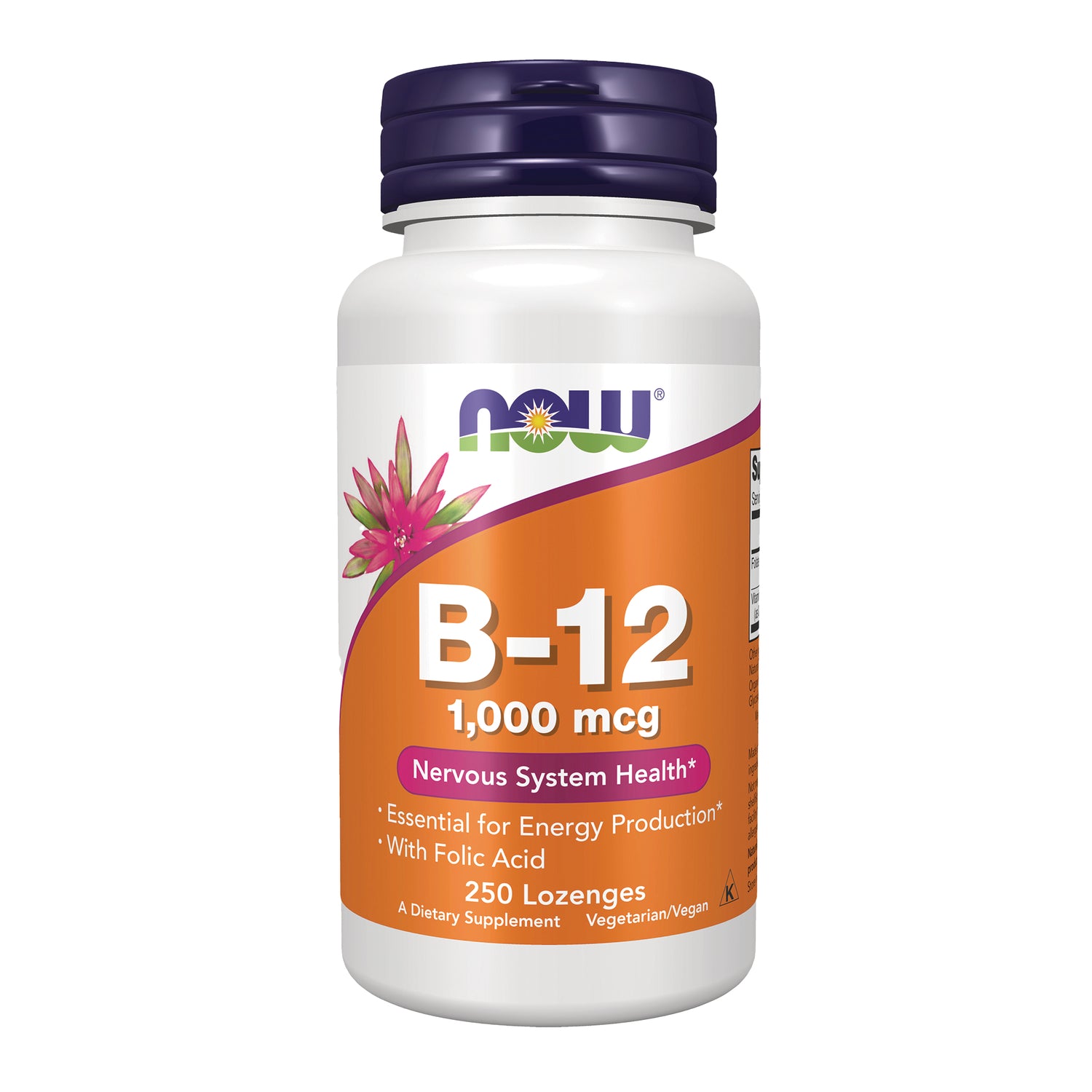NWF794 | NOW B-12 1,000 mcg dietary supplement bottle, orange label, 250 lozenges