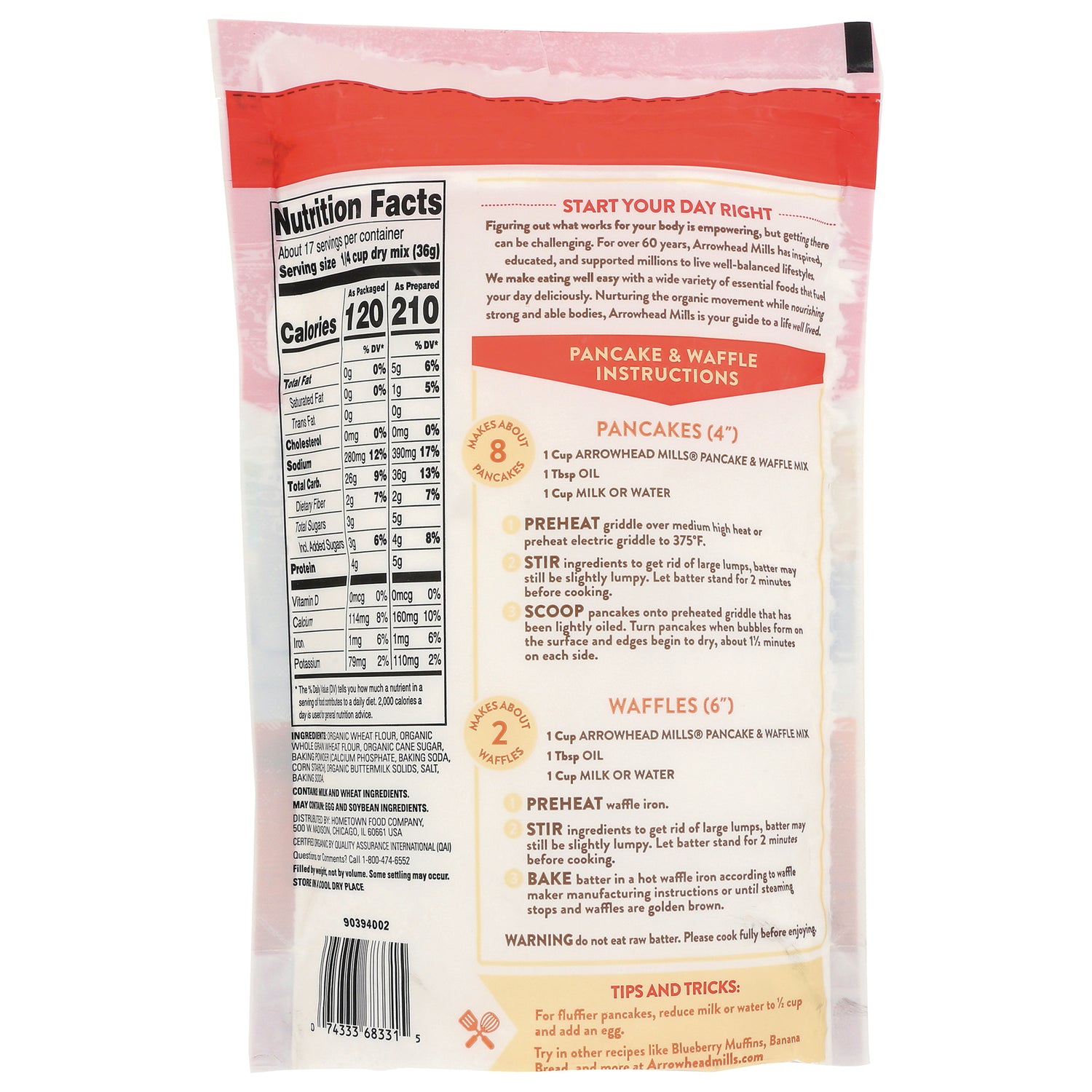 AHM077 | Back of Arrowhead Mills Pancake & Waffle Mix bag with Nutrition Facts and cooking instructions