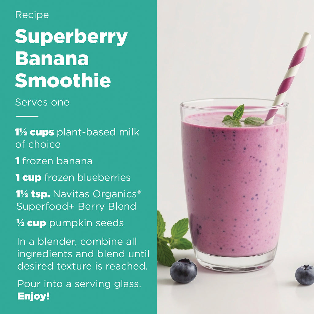 NAV072 | Superberry Banana Smoothie recipe card with glass of purple smoothie and ingredient list - Thumbnail