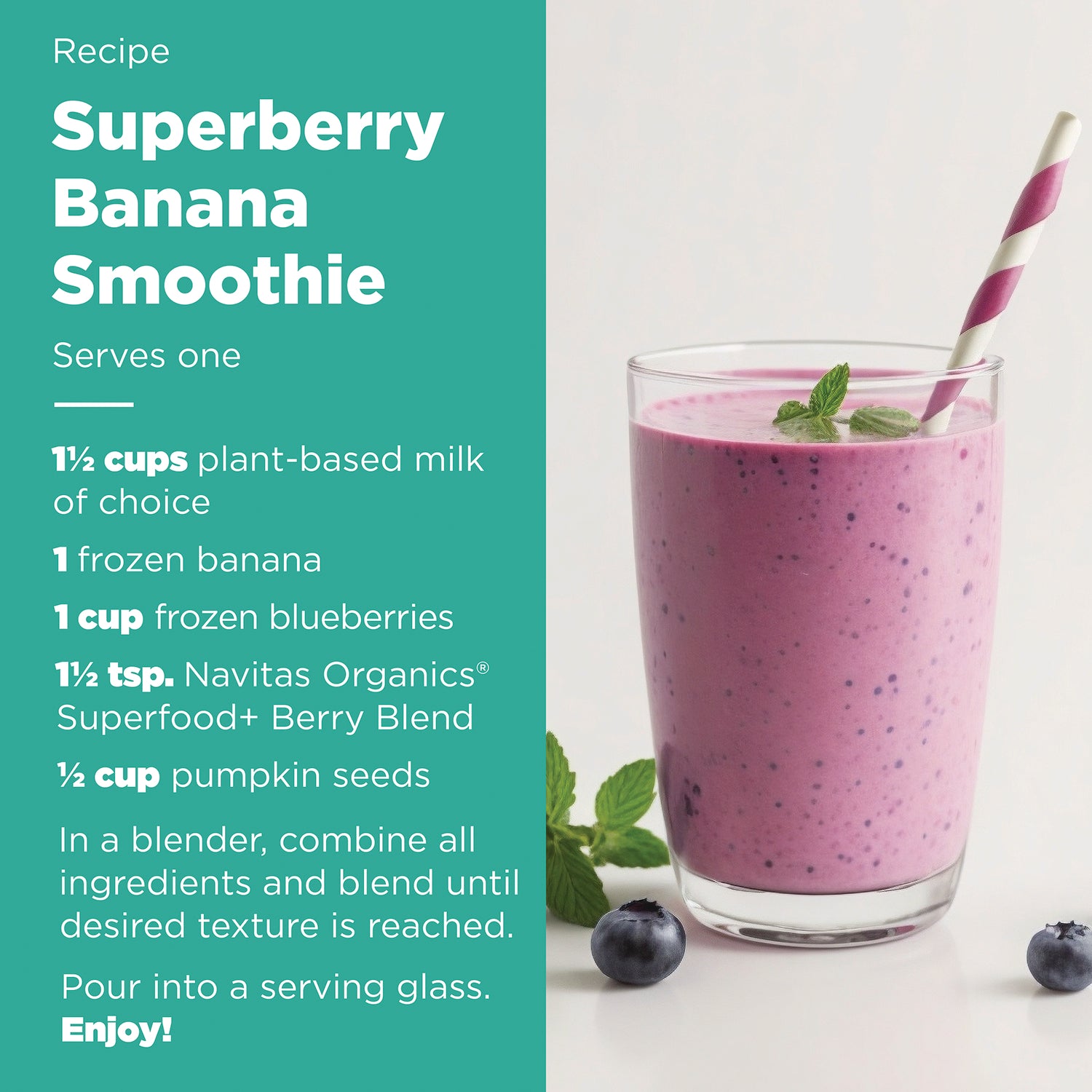 NAV072 | Superberry Banana Smoothie recipe card with glass of purple smoothie and ingredient list