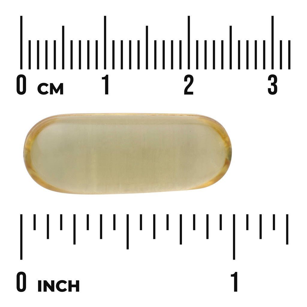 SW145 | Yellow oval softgel capsule on ruler scales showing centimeters and inches with visible "0 cm" and "0 inch" marks - Thumbnail