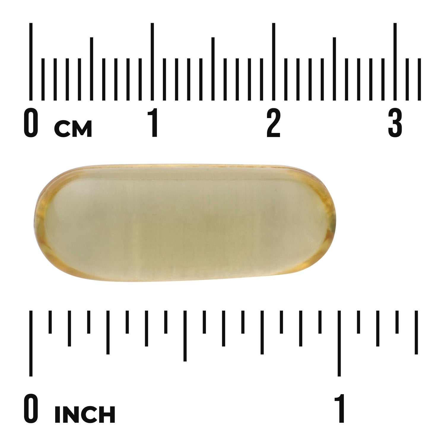 SW145 | Yellow oval softgel capsule on ruler scales showing centimeters and inches with visible "0 cm" and "0 inch" marks