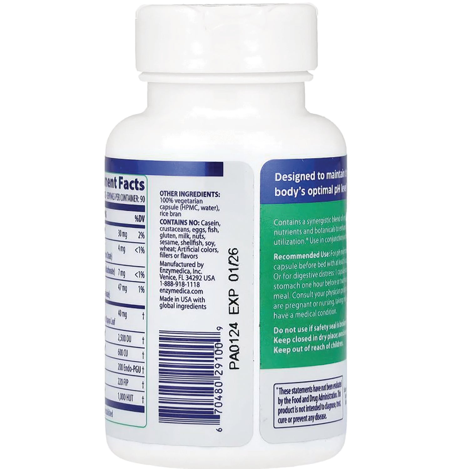 EMD034 | back of white supplement bottle showing supplement facts ingredients barcode and expiration code