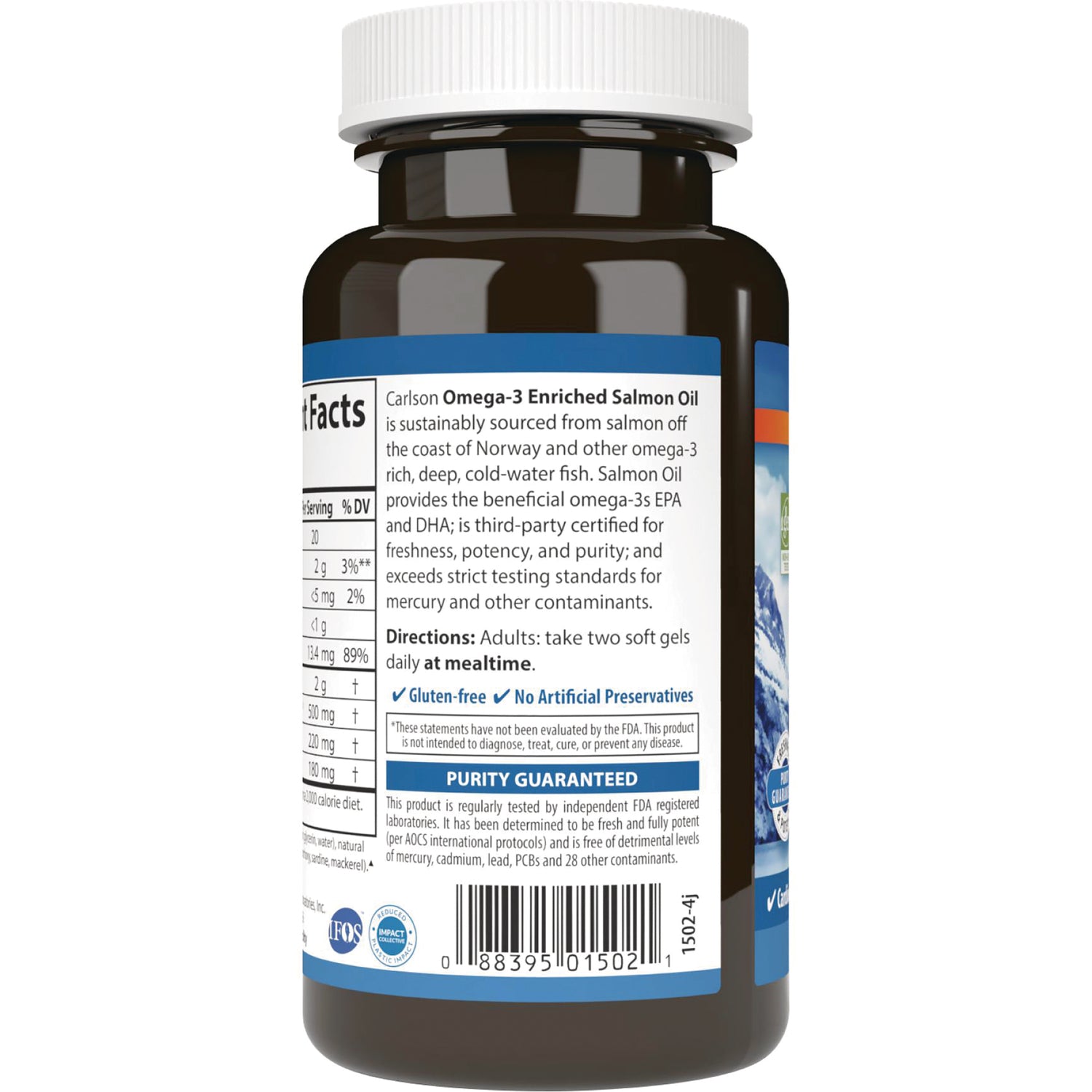 CSN234 | back label of brown supplement bottle showing directions, purity guarantee and barcode