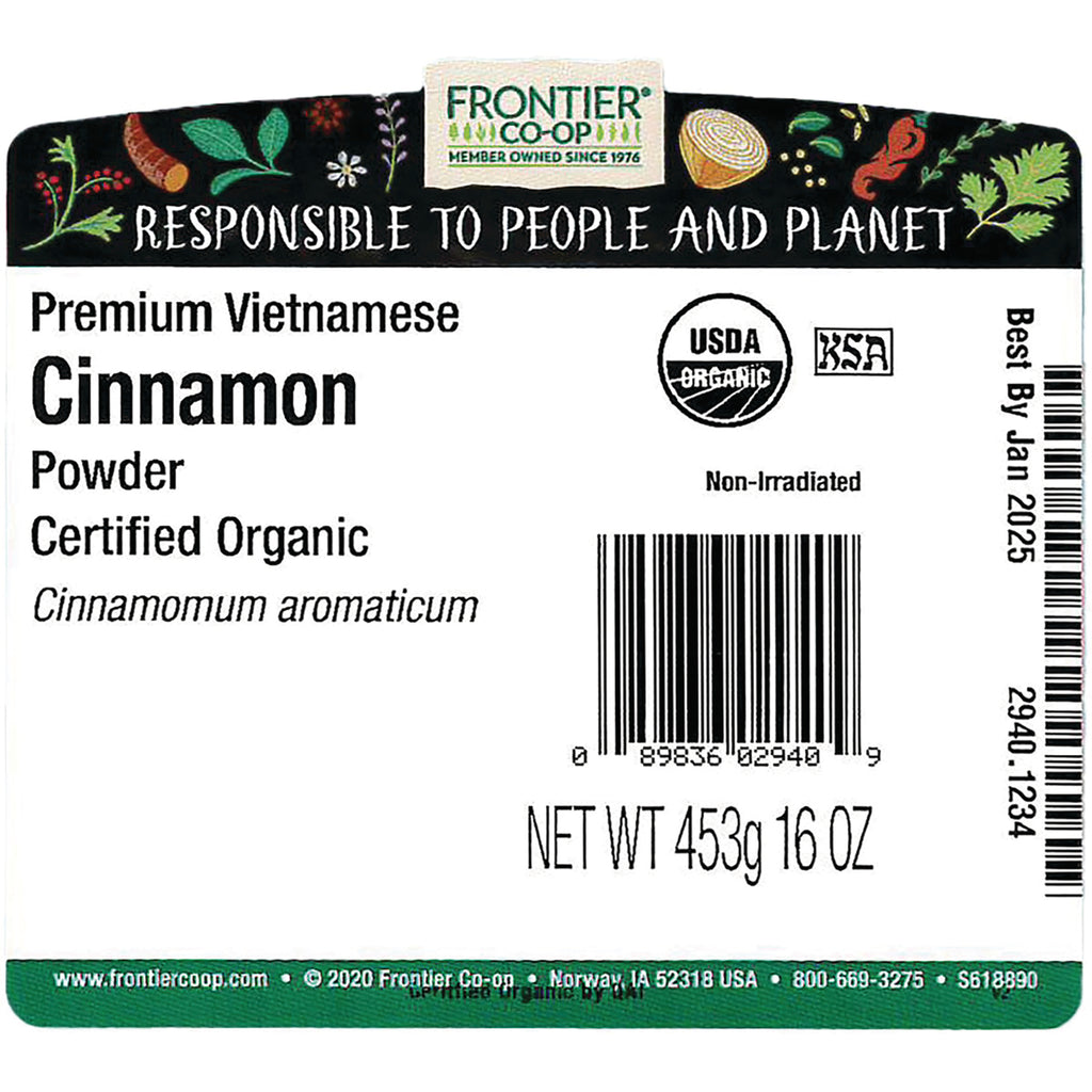 FNP022 | Back label: Frontier Co-op Premium Vietnamese Cinnamon powder, certified organic, barcode and NET WT 453g 16 OZ - Thumbnail