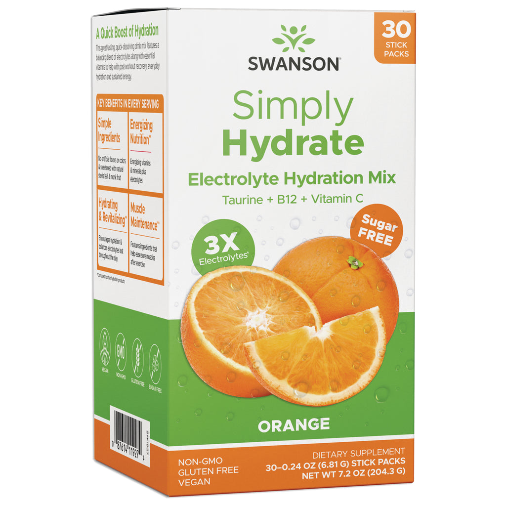 SW1927 | Swanson Simply Hydrate Electrolyte Hydration Mix, Orange flavor, 30 stick packs, Sugar Free, 3X Electrolytes - Thumbnail