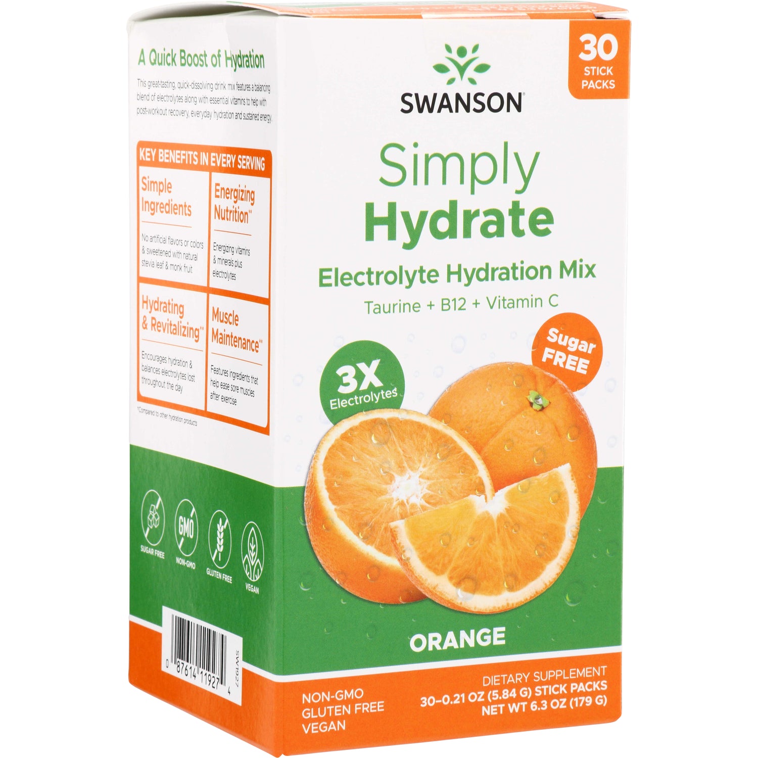 SW1927 | Swanson Simply Hydrate Electrolyte Hydration Mix, Orange flavor, 30 stick packs, Sugar Free, 3X Electrolytes