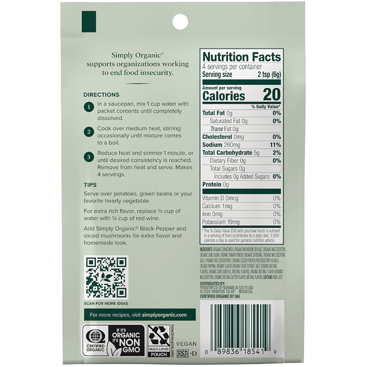 SMP050 | Simply Organic packet back with nutrition facts, directions, tips, QR code, and barcode