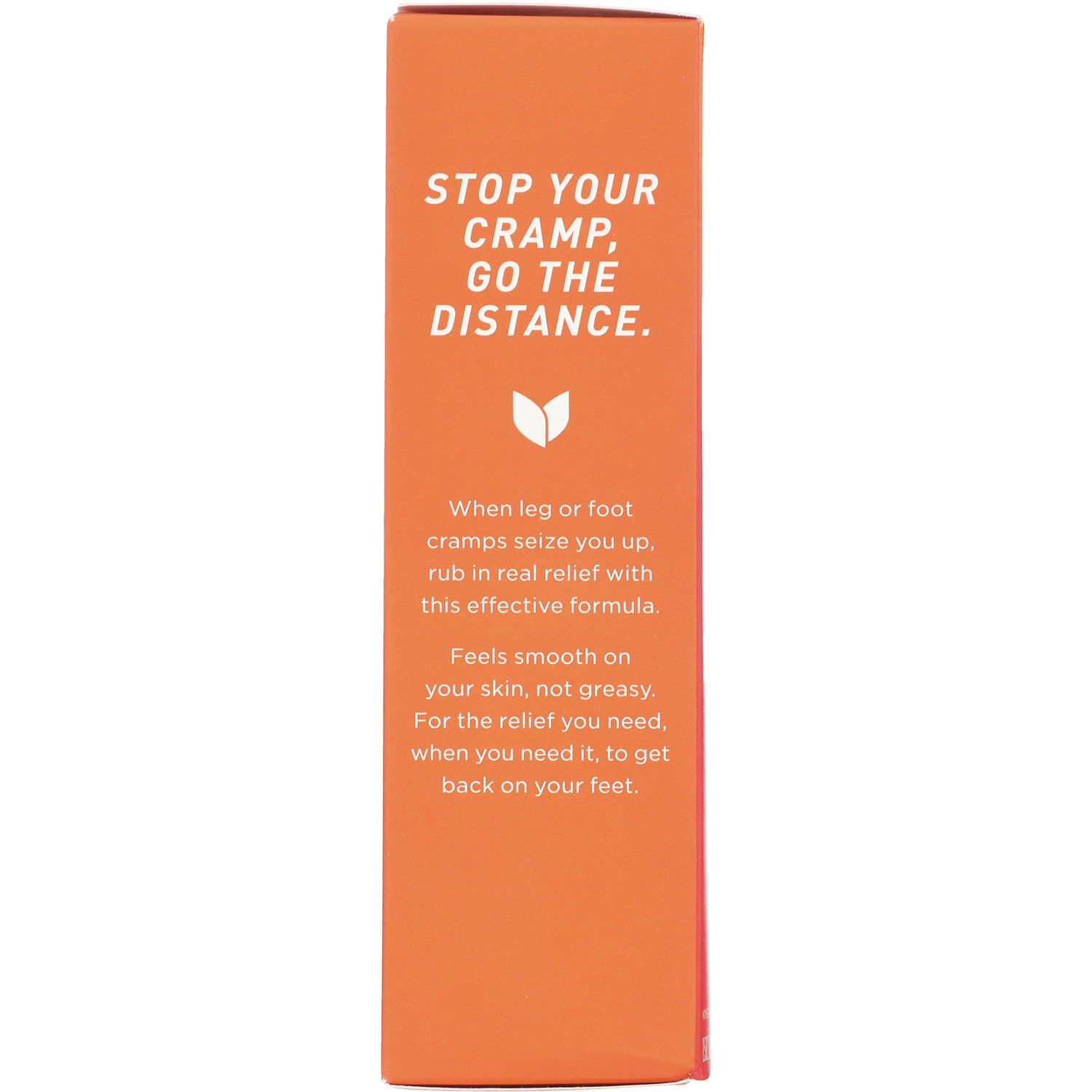 HY241 | orange product side panel reading STOP YOUR CRAMP, GO THE DISTANCE and describing relief for leg or foot cramps