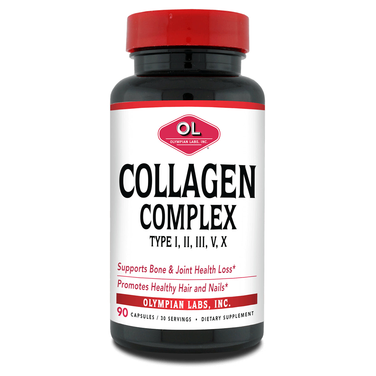 OL150 | white supplement bottle with red cap labeled COLLAGEN COMPLEX, Olympian Labs, 90 capsules