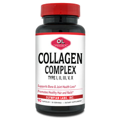 OL150 | white supplement bottle with red cap labeled COLLAGEN COMPLEX, Olympian Labs, 90 capsules