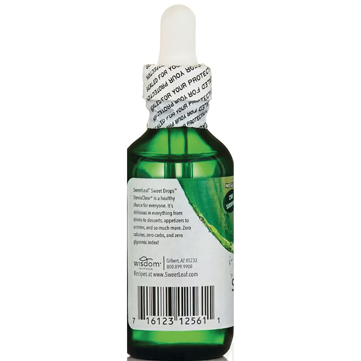 WA031 | Back of green dropper bottle with SweetLeaf Sweet Drops label, barcode, and text