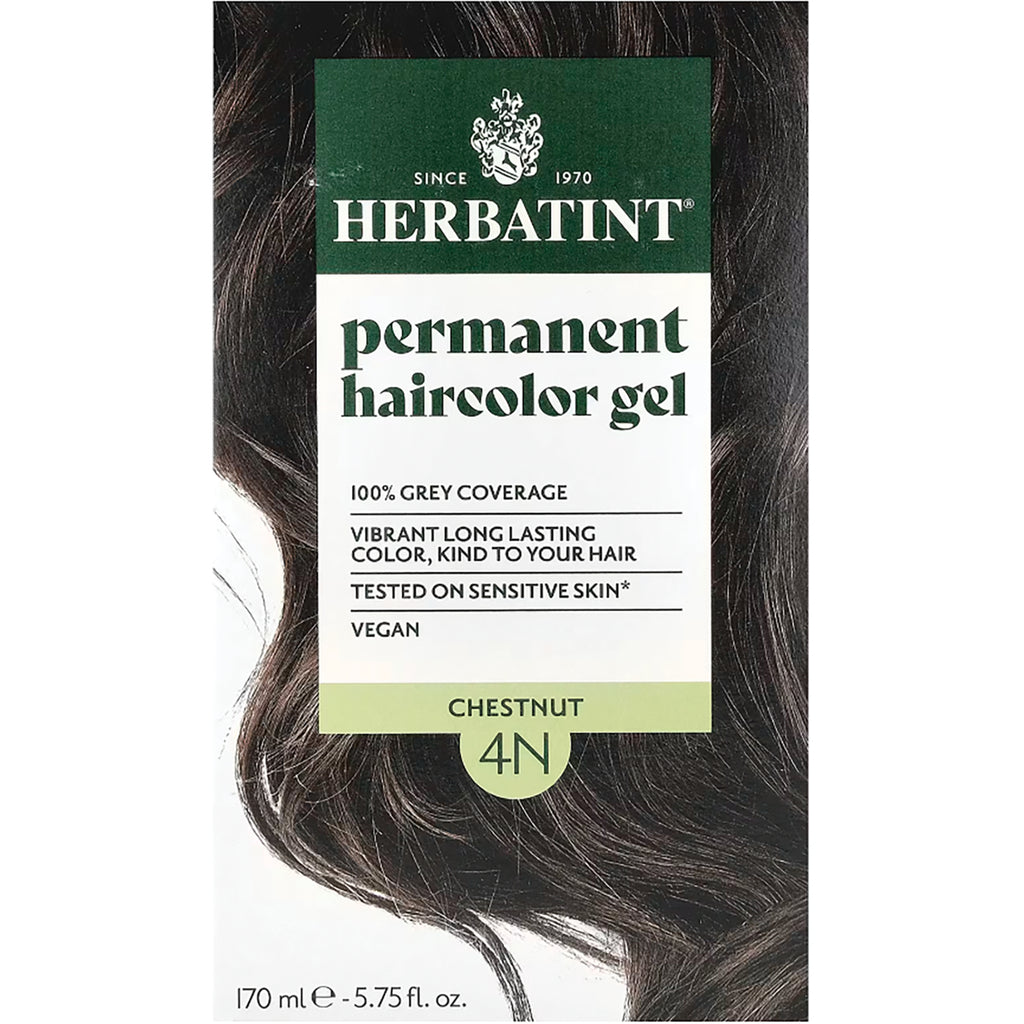 HBT002 | Herbatint permanent haircolor gel box front showing shade 4N Chestnut and model's hair - Thumbnail