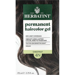 HBT002 | Herbatint permanent haircolor gel box front showing shade 4N Chestnut and model's hair