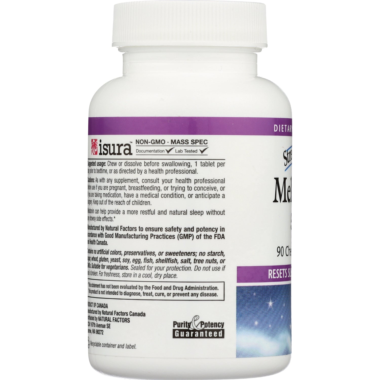 NFC113 | white supplement bottle side label with directions, ingredients, and Purity & Potency Guaranteed logo