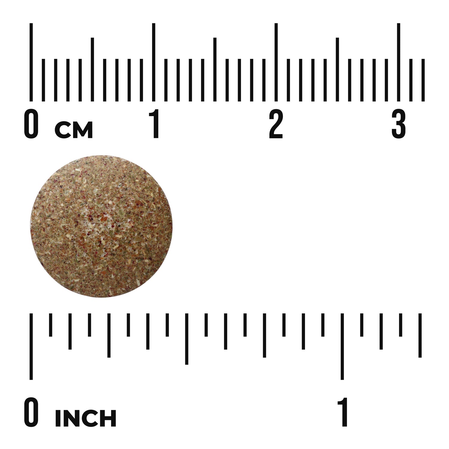 SWR016 | Round speckled tablet shown next to ruler markings in cm and inches