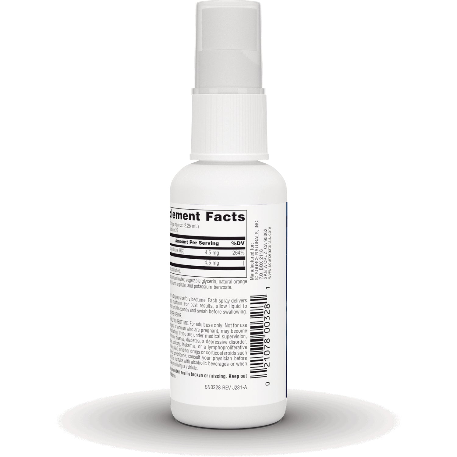 SN184 | Back label with Supplement Facts panel and barcode on white spray bottle